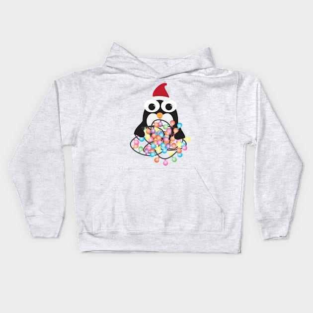 Cute Cartoon Penguin with Santa Hat and Colorful Light Bunting Kids Hoodie by sigdesign